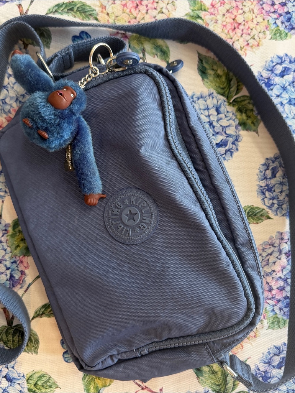 Kipling Slate Blue Crossbody Bag with Monkey Charm Like New